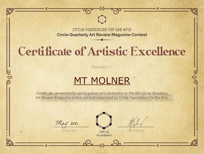Artist M T Molner Awarded With Another Certificate Of Artistic Excellence Artist M T Molner Awarded With Another Certificate Of Artistic Excellence