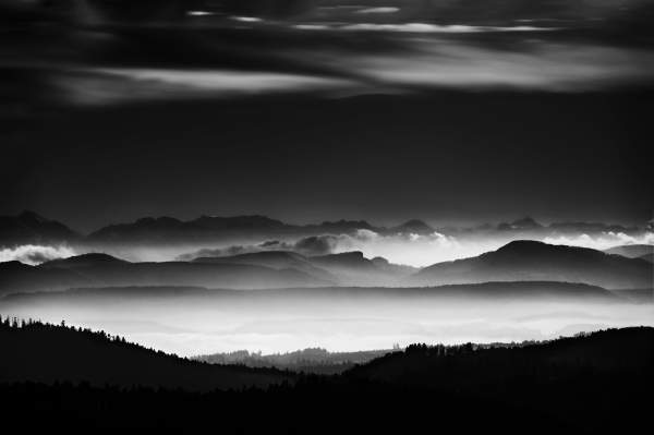 Mountains And Fog In Black And White- No Ai
